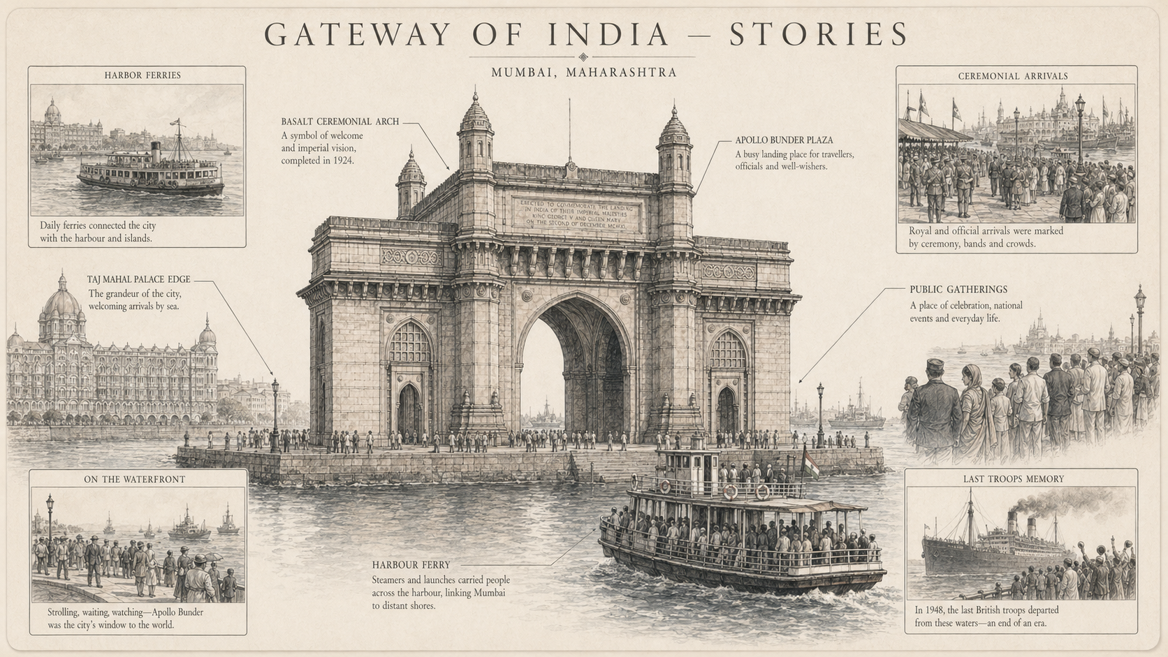 Annotated anecdotes diagram plate for Gateway of India with labeled callouts, mini insets, and route hotspots.