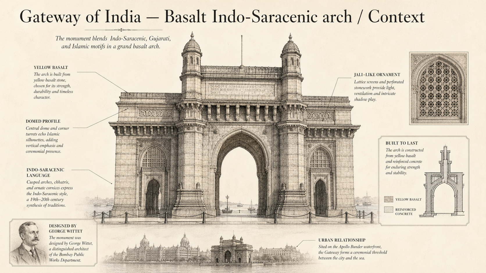 Gateway of India deep diagram plate: Basalt Indo-Saracenic arch / Context.