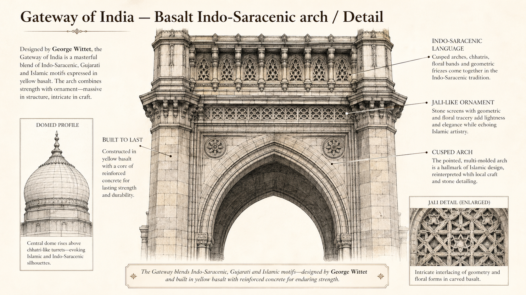 Gateway of India deep diagram plate: Basalt Indo-Saracenic arch / Detail.