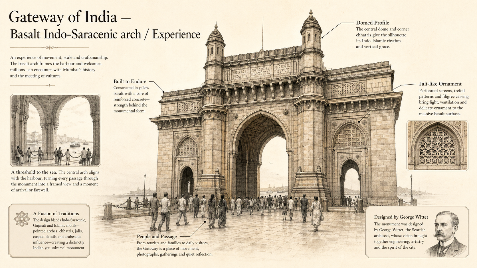 Gateway of India deep diagram plate: Basalt Indo-Saracenic arch / Experience.