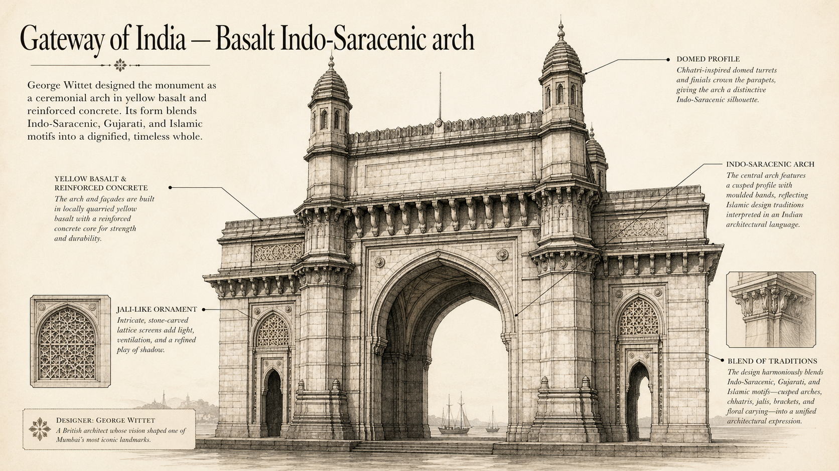 Gateway of India deep diagram plate: Basalt Indo-Saracenic arch.