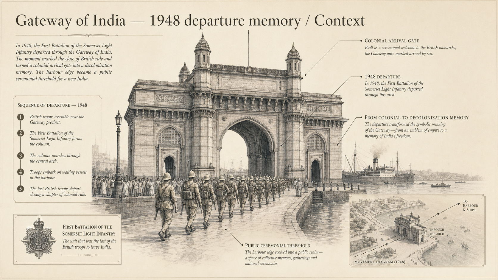 Gateway of India deep diagram plate: 1948 departure memory / Context.