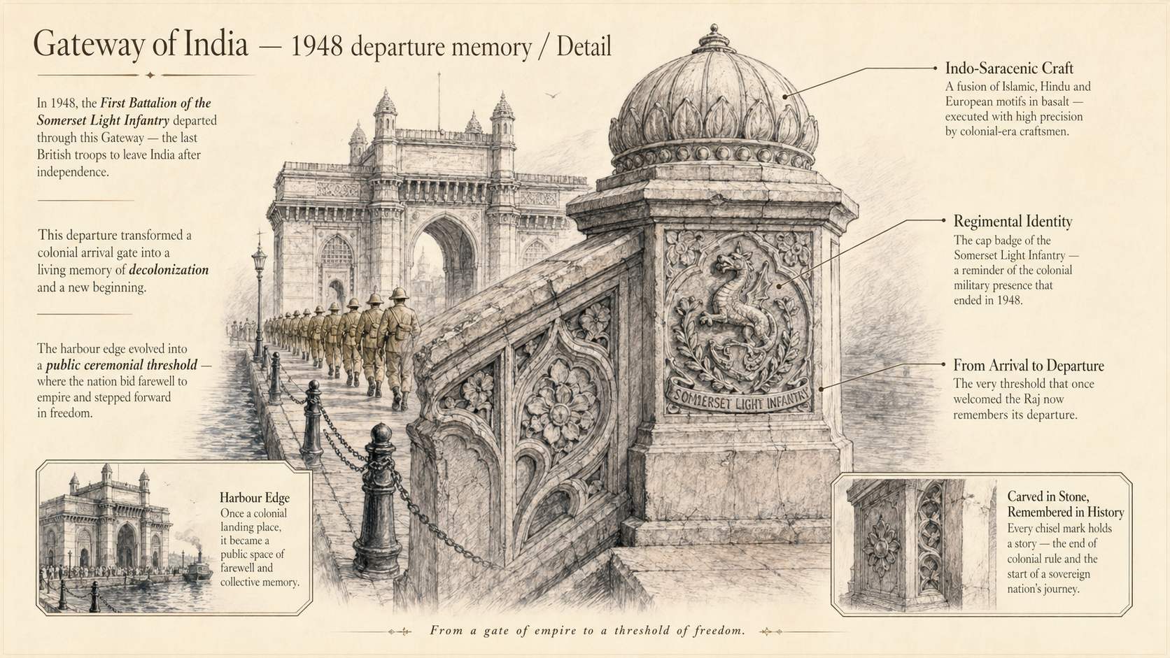 Gateway of India deep diagram plate: 1948 departure memory / Detail.