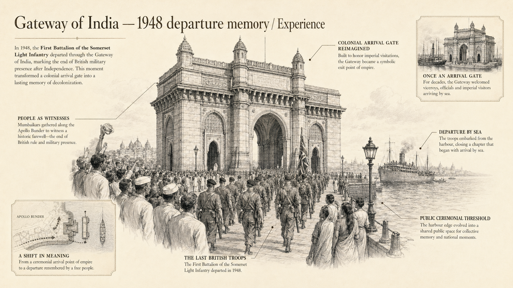 Gateway of India deep diagram plate: 1948 departure memory / Experience.