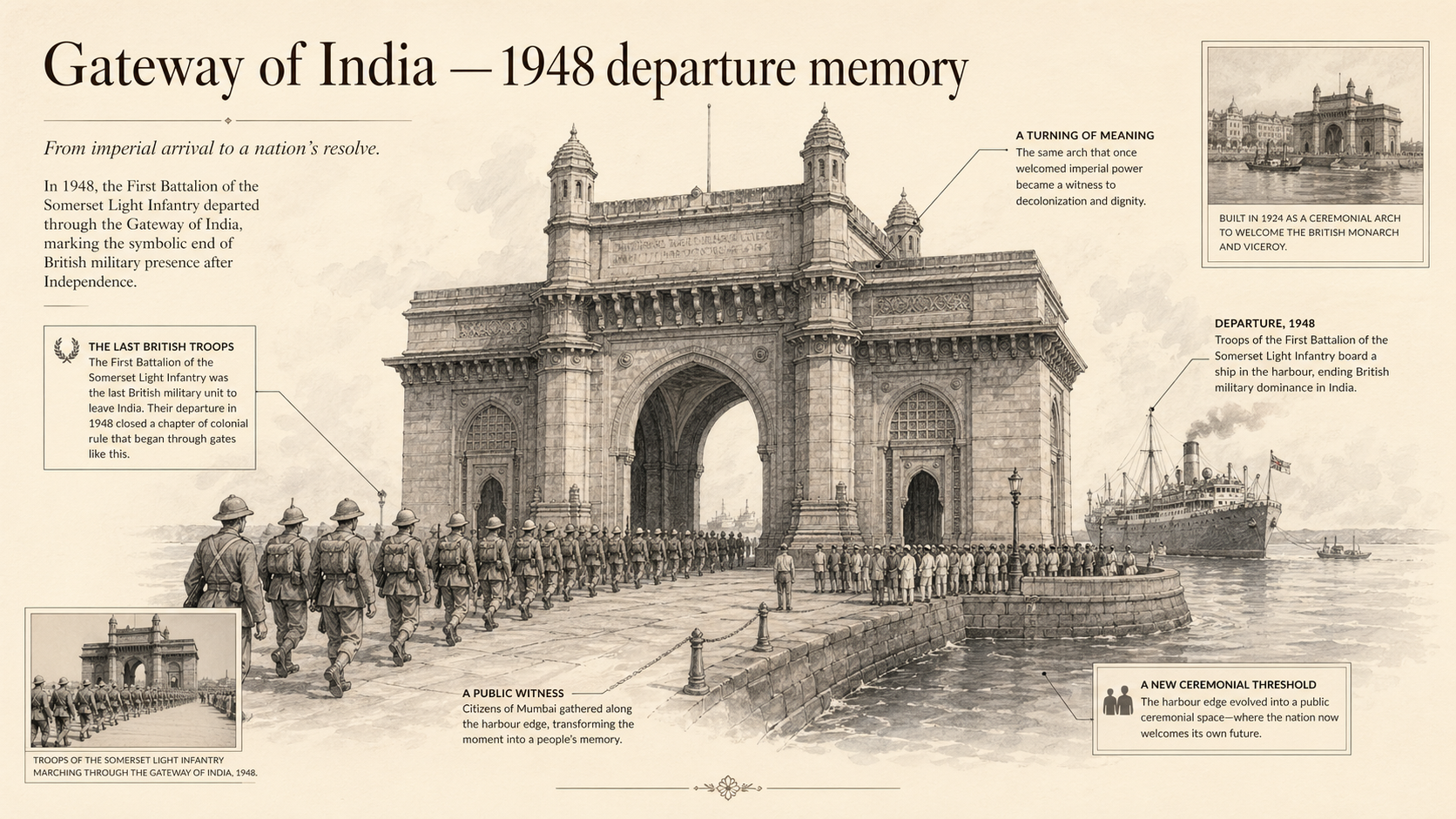Gateway of India deep diagram plate: 1948 departure memory.