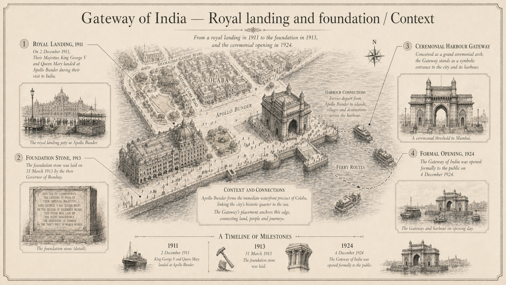 Gateway of India deep diagram plate: Royal landing and foundation / Context.