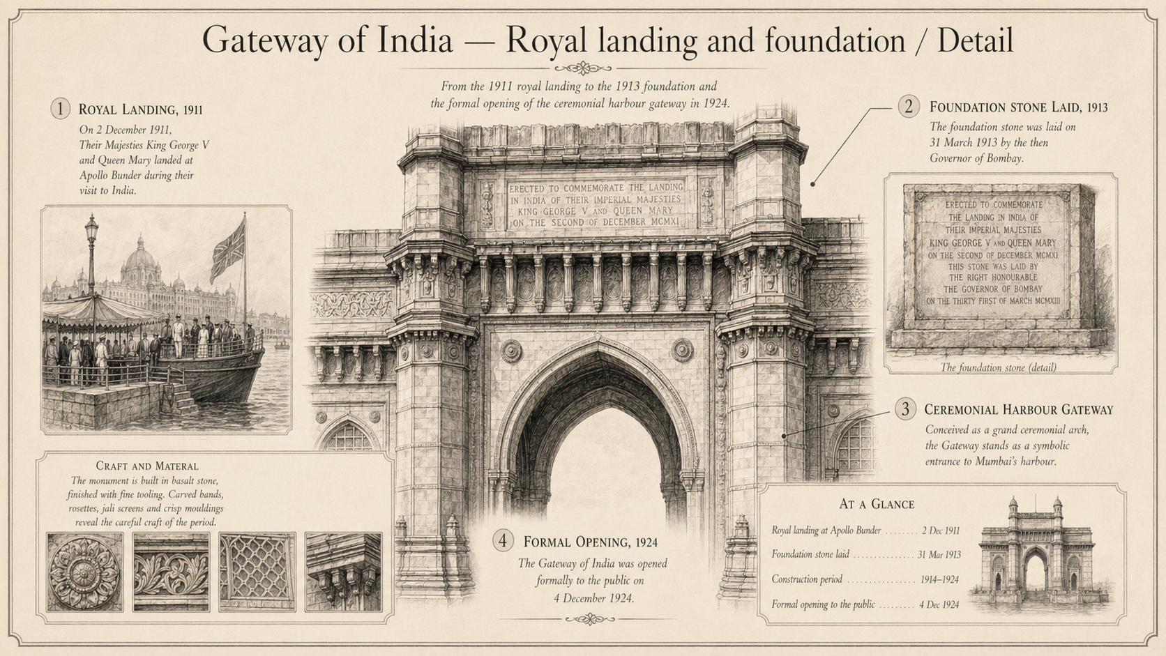 Gateway of India deep diagram plate: Royal landing and foundation / Detail.