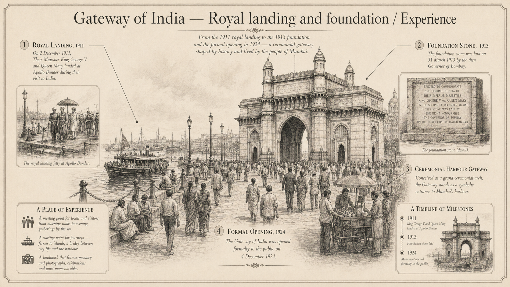 Gateway of India deep diagram plate: Royal landing and foundation / Experience.