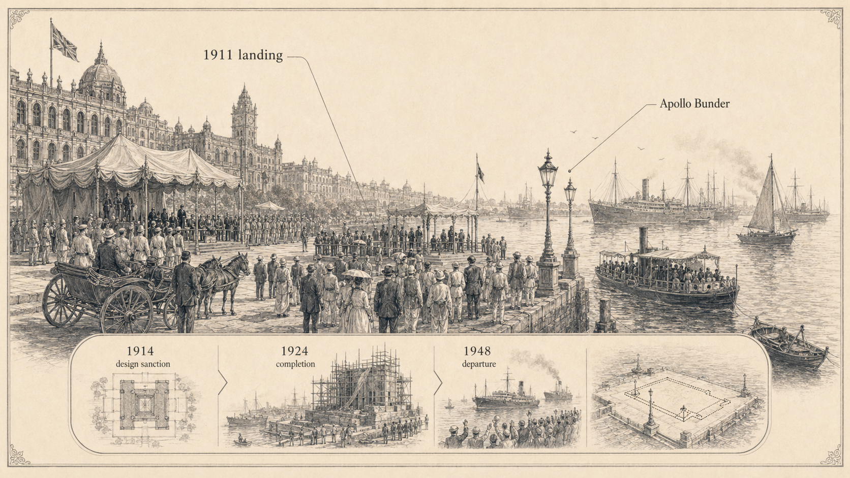 Gateway of India deep diagram plate: Royal landing and foundation.