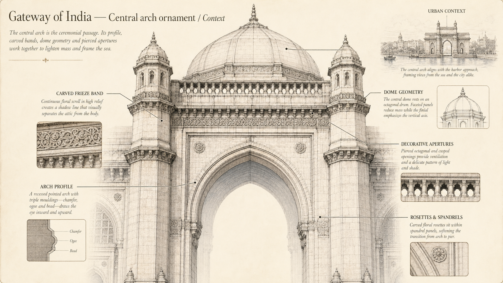 Gateway of India deep diagram plate: Central arch ornament / Context.