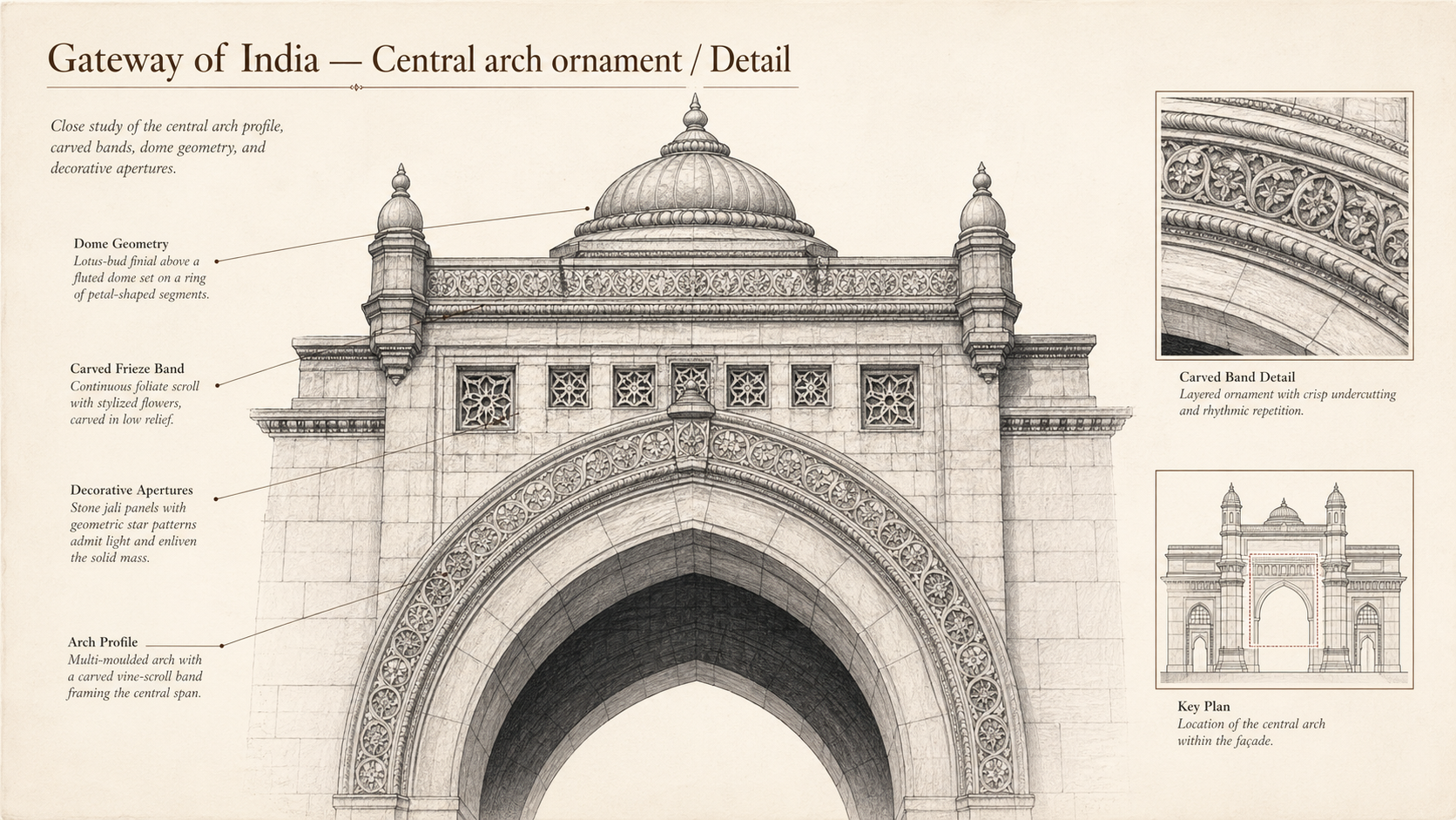Gateway of India deep diagram plate: Central arch ornament / Detail.