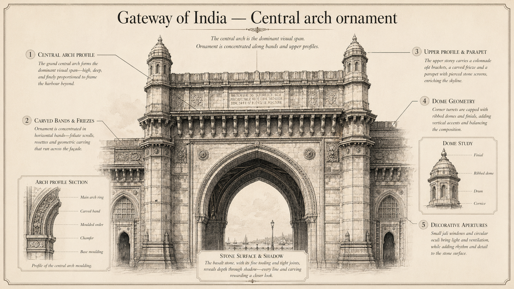 Gateway of India deep diagram plate: Central arch ornament.