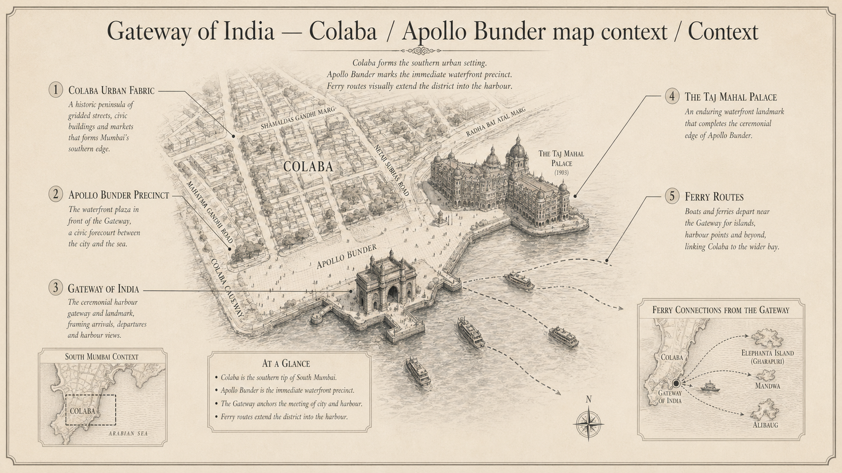 Gateway of India deep diagram plate: Colaba / Apollo Bunder map context / Context.