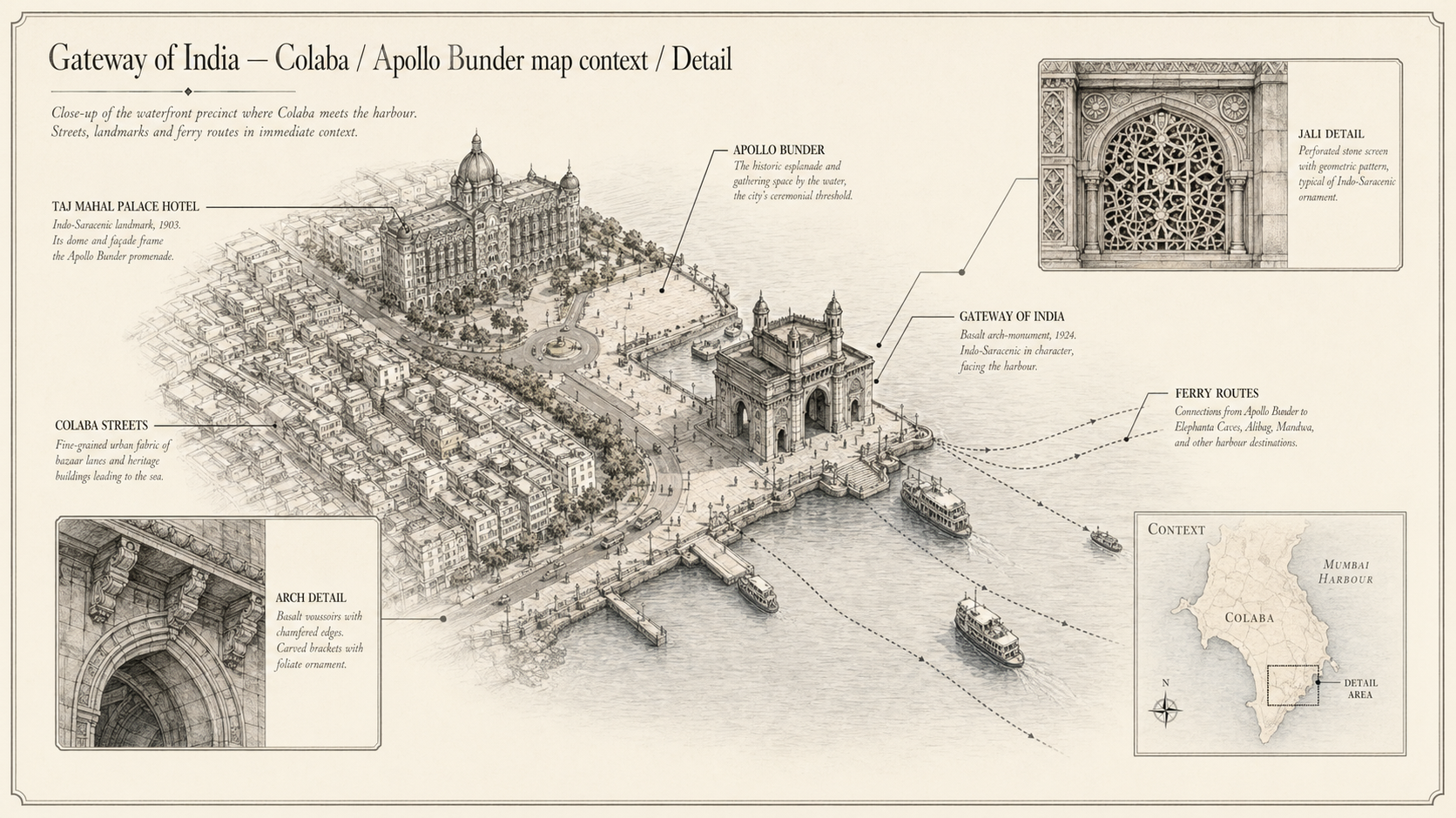 Gateway of India deep diagram plate: Colaba / Apollo Bunder map context / Detail.