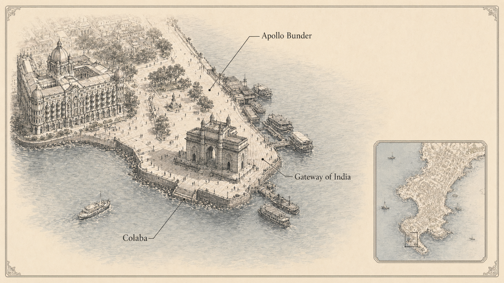 Gateway of India deep diagram plate: Colaba / Apollo Bunder map context.