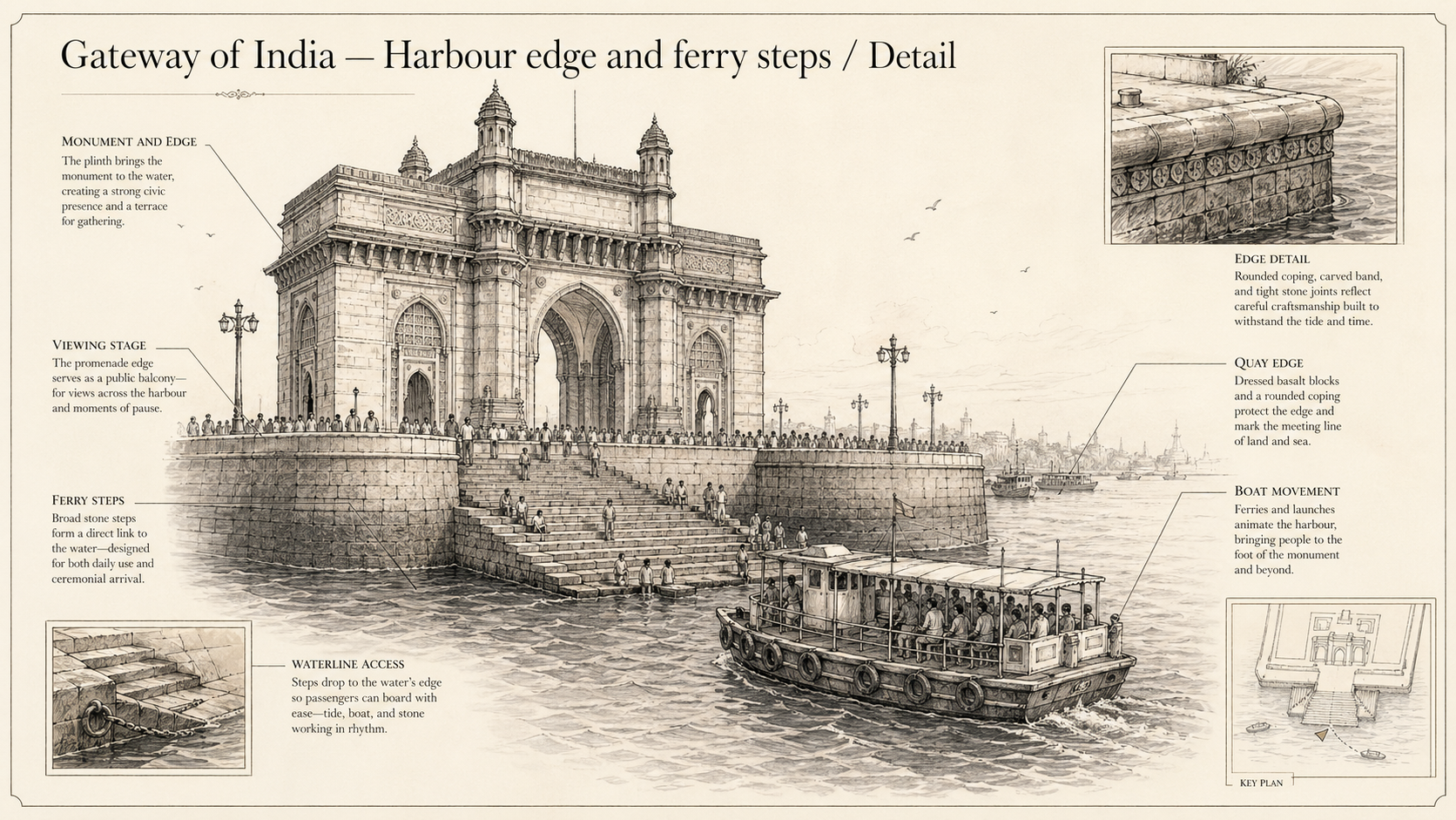 Gateway of India deep diagram plate: Harbour edge and ferry steps / Detail.