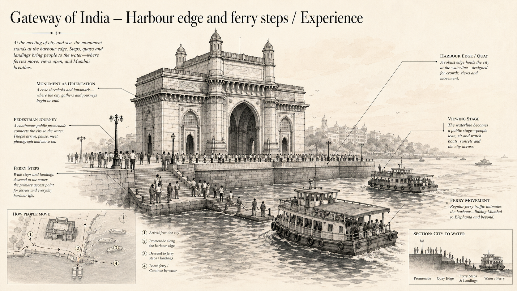 Gateway of India deep diagram plate: Harbour edge and ferry steps / Experience.