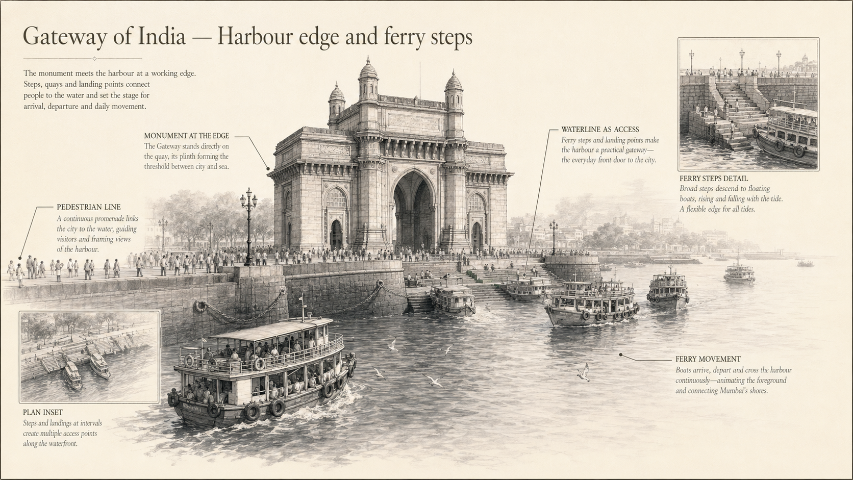 Gateway of India deep diagram plate: Harbour edge and ferry steps.