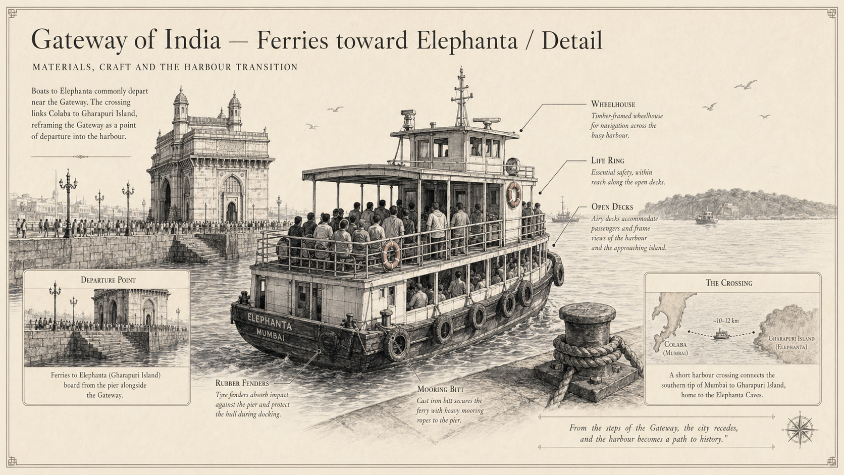 Gateway of India deep diagram plate: Ferries toward Elephanta / Detail.