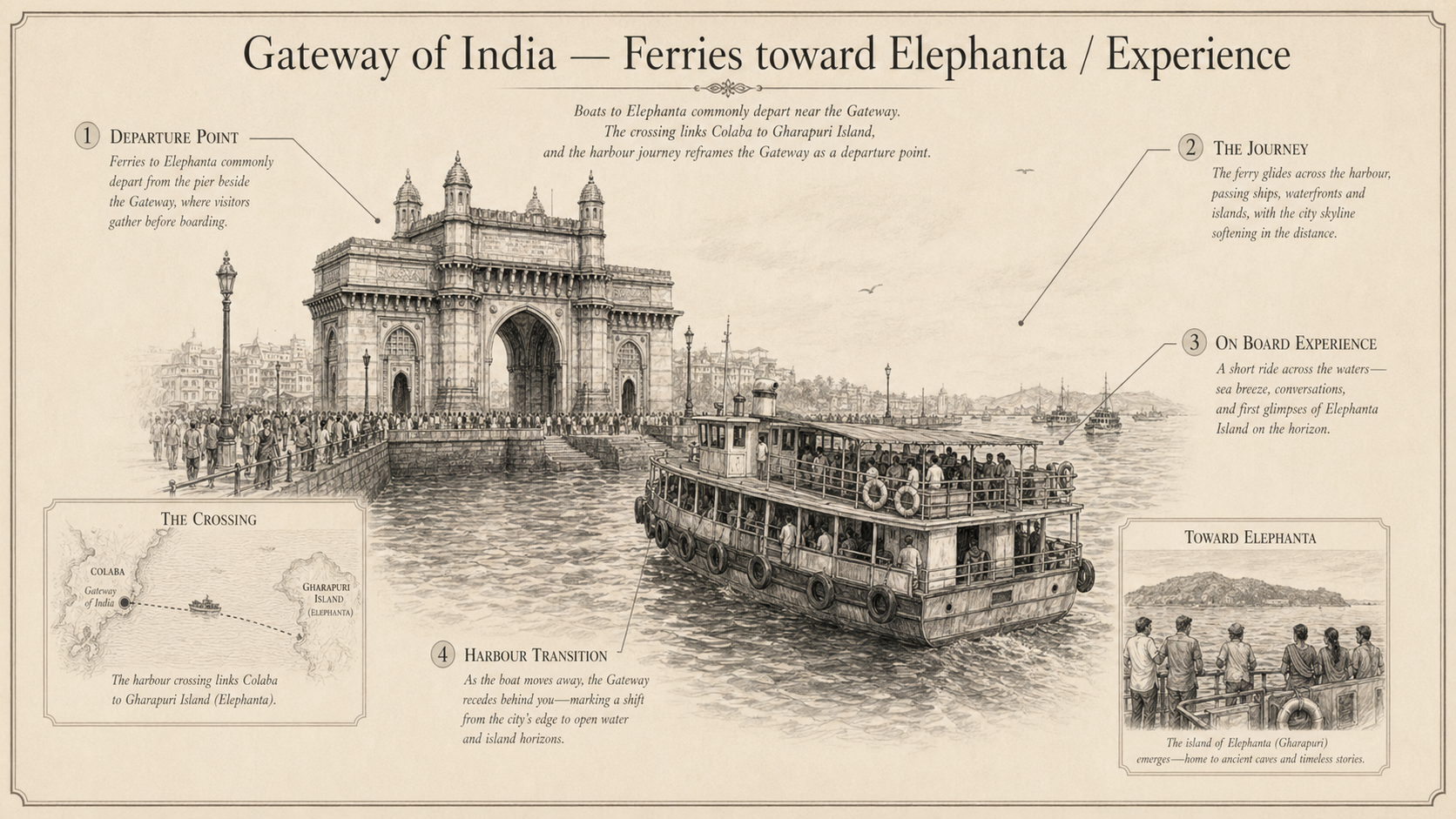Gateway of India deep diagram plate: Ferries toward Elephanta / Experience.