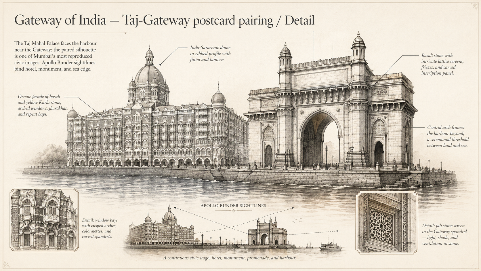 Gateway of India deep diagram plate: Taj-Gateway postcard pairing / Detail.