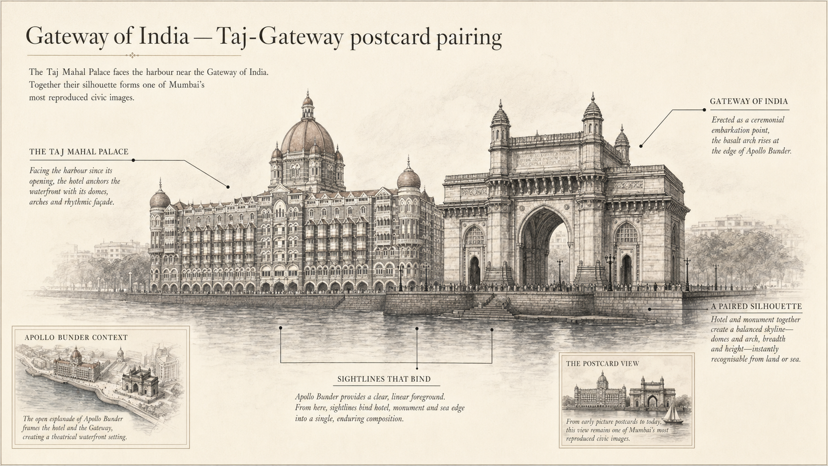 Gateway of India deep diagram plate: Taj-Gateway postcard pairing.