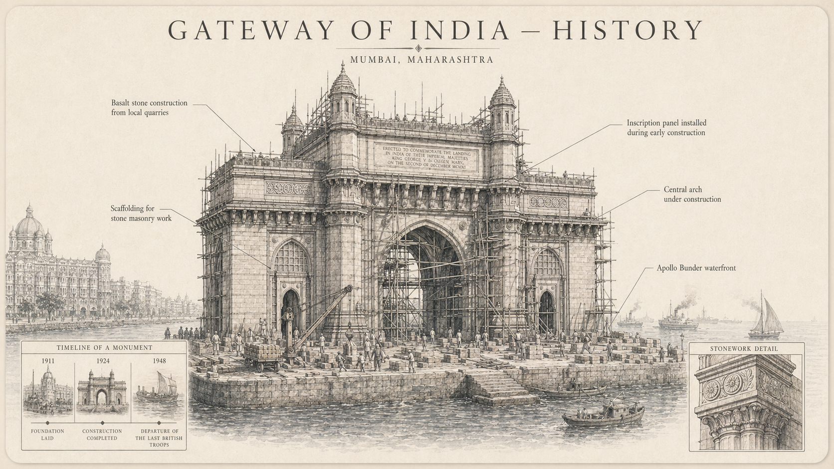 Annotated history diagram plate for Gateway of India with labeled callouts, mini insets, and route hotspots.