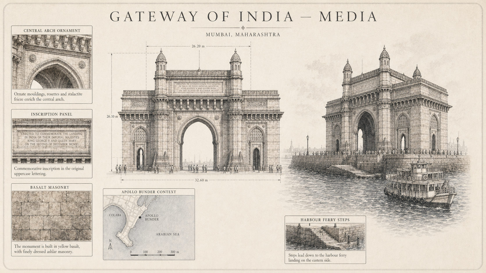 Annotated media diagram plate for Gateway of India with labeled callouts, mini insets, and route hotspots.
