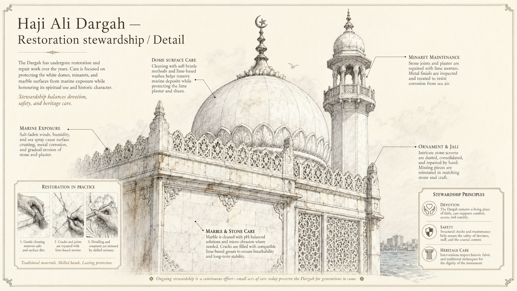 Haji Ali Dargah deep diagram plate: Restoration stewardship / Detail.