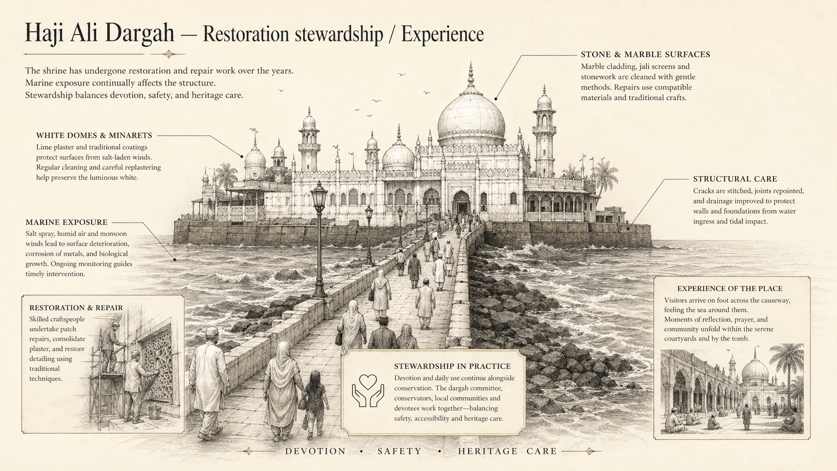 Haji Ali Dargah deep diagram plate: Restoration stewardship / Experience.