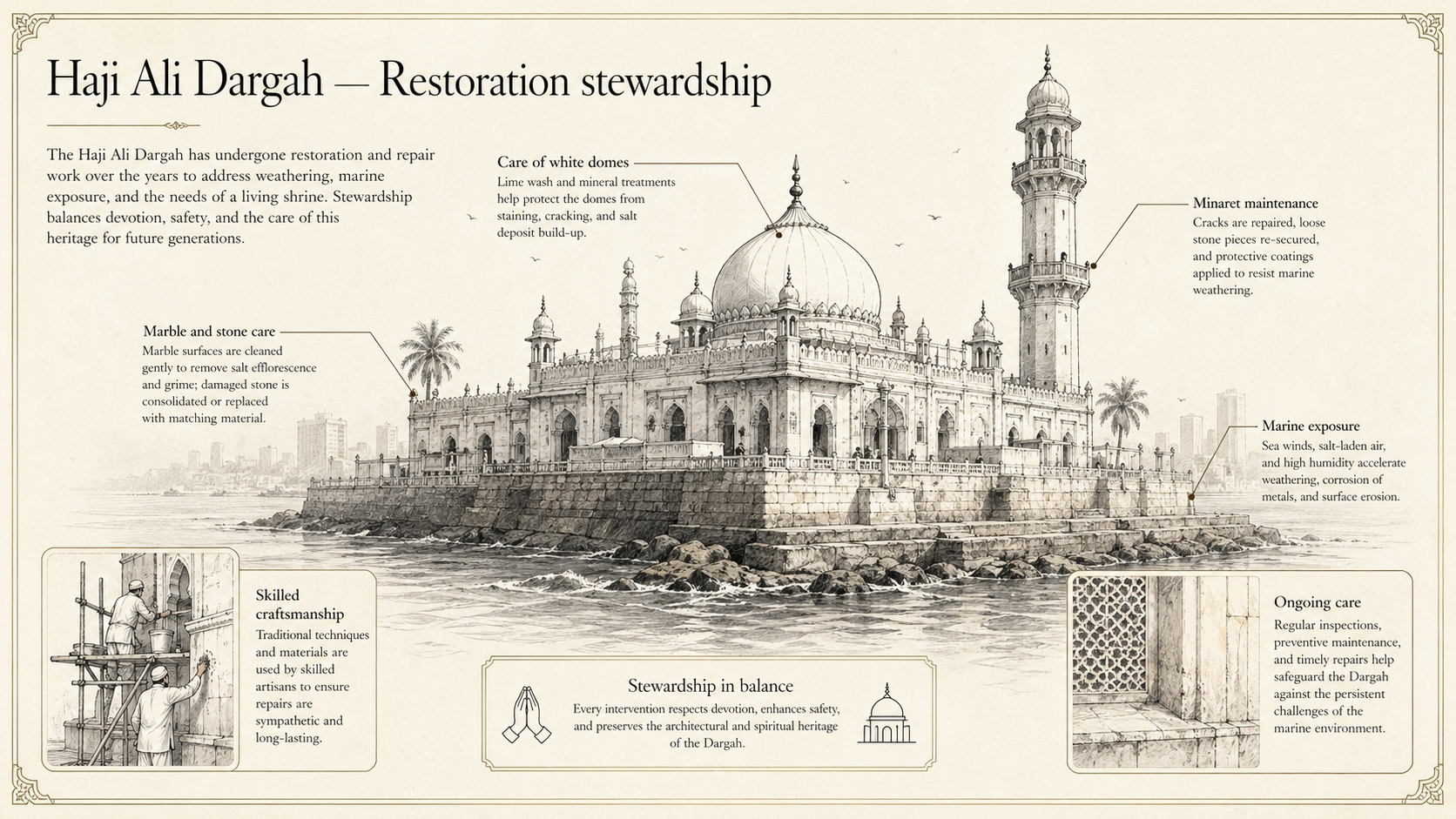 Haji Ali Dargah deep diagram plate: Restoration stewardship.