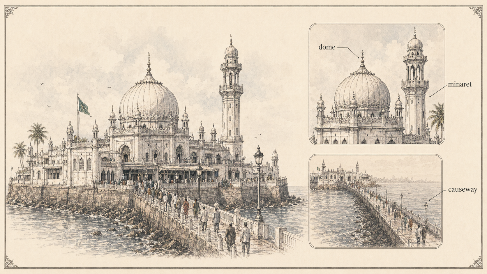 Haji Ali Dargah deep diagram plate: Trust, pathway, causeway / Detail.