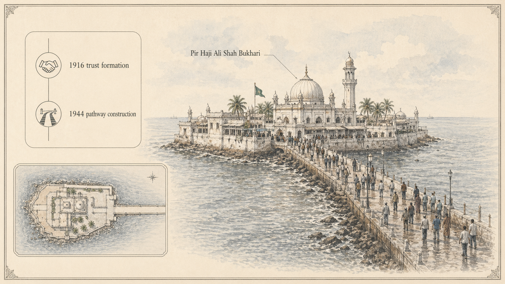 Haji Ali Dargah deep diagram plate: Trust, pathway, causeway.