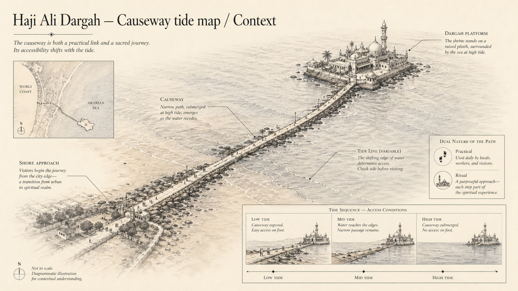 Haji Ali Dargah deep diagram plate: Causeway tide map / Context.