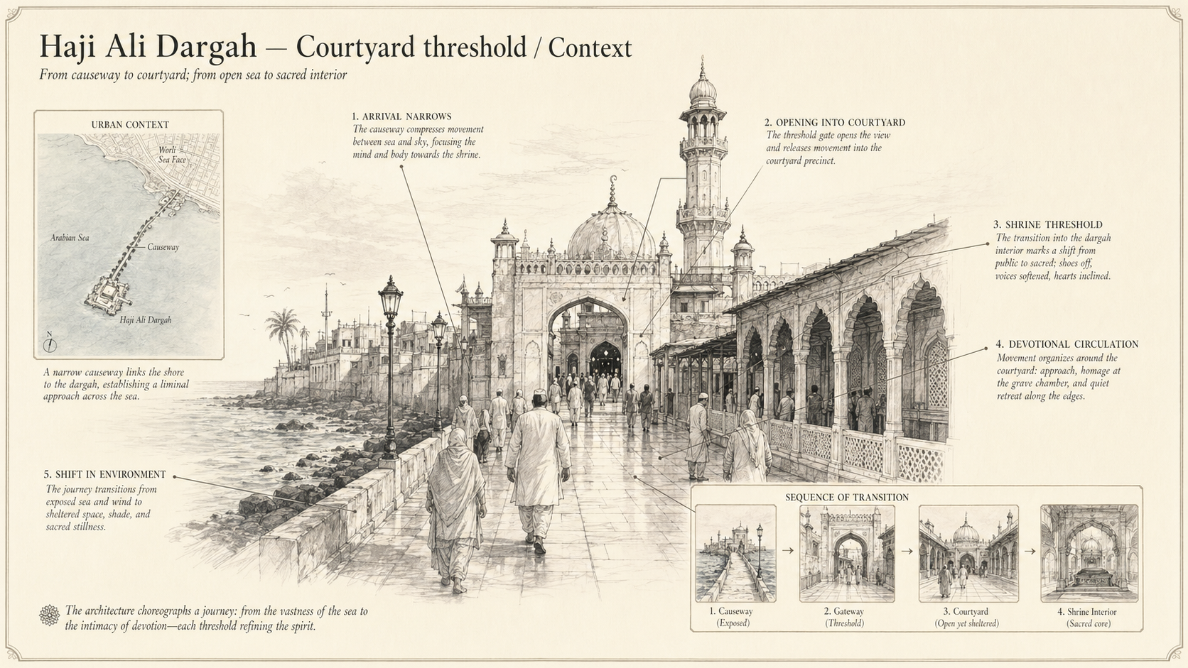 Haji Ali Dargah deep diagram plate: Courtyard threshold / Context.