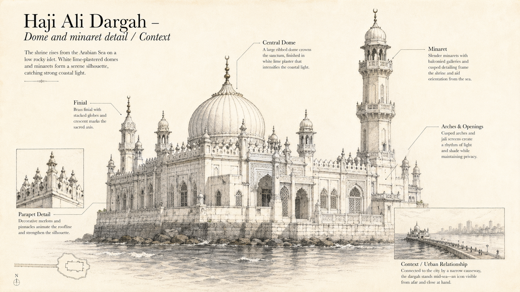 Haji Ali Dargah deep diagram plate: Dome and minaret detail / Context.