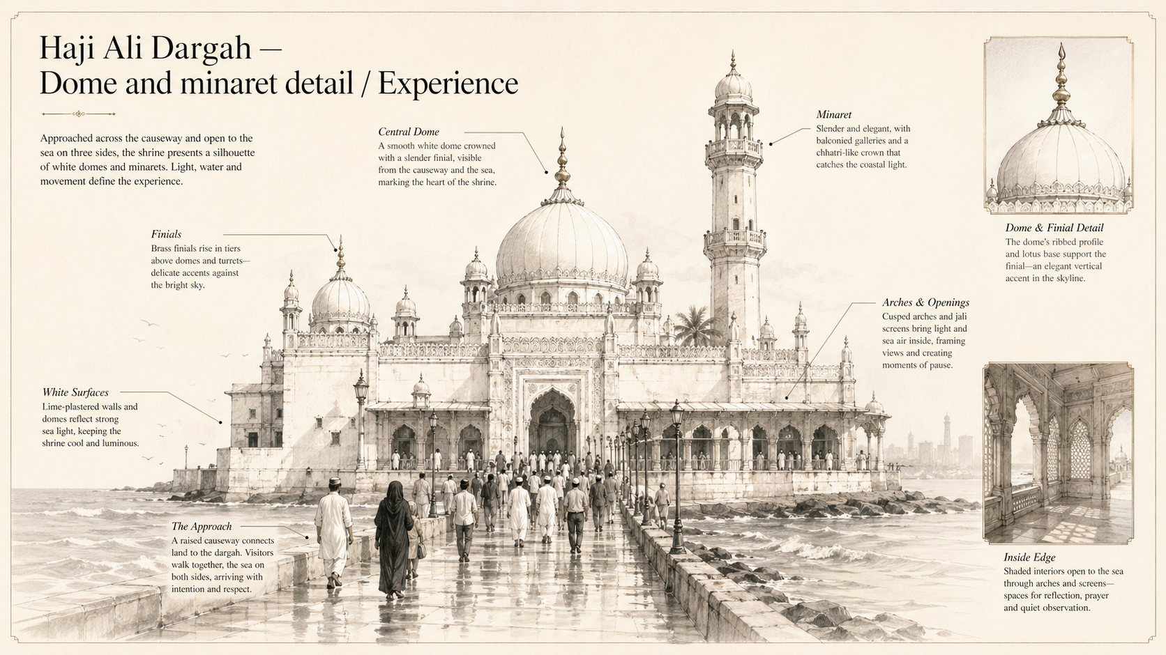 Haji Ali Dargah deep diagram plate: Dome and minaret detail / Experience.