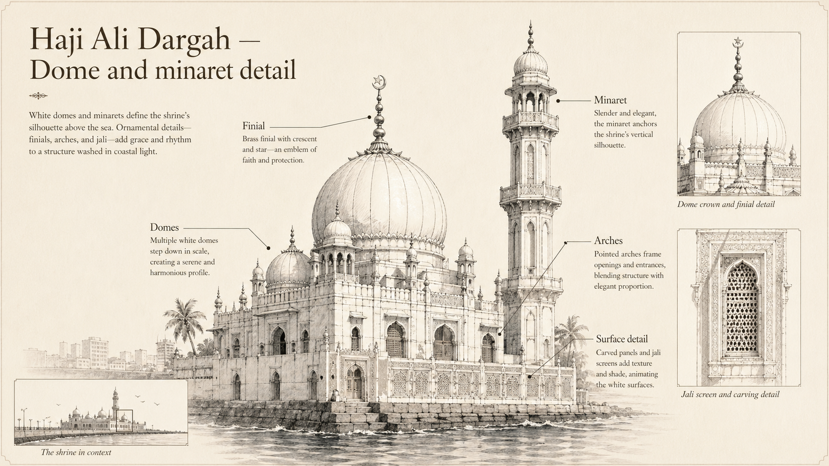 Haji Ali Dargah deep diagram plate: Dome and minaret detail.