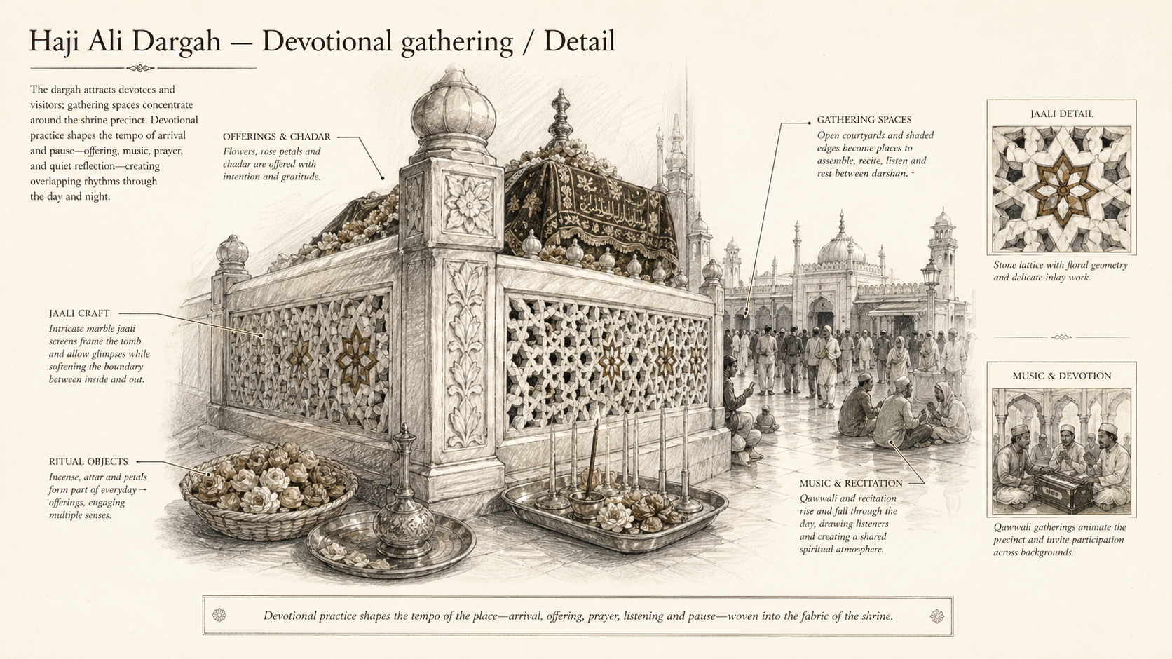 Haji Ali Dargah deep diagram plate: Devotional gathering / Detail.