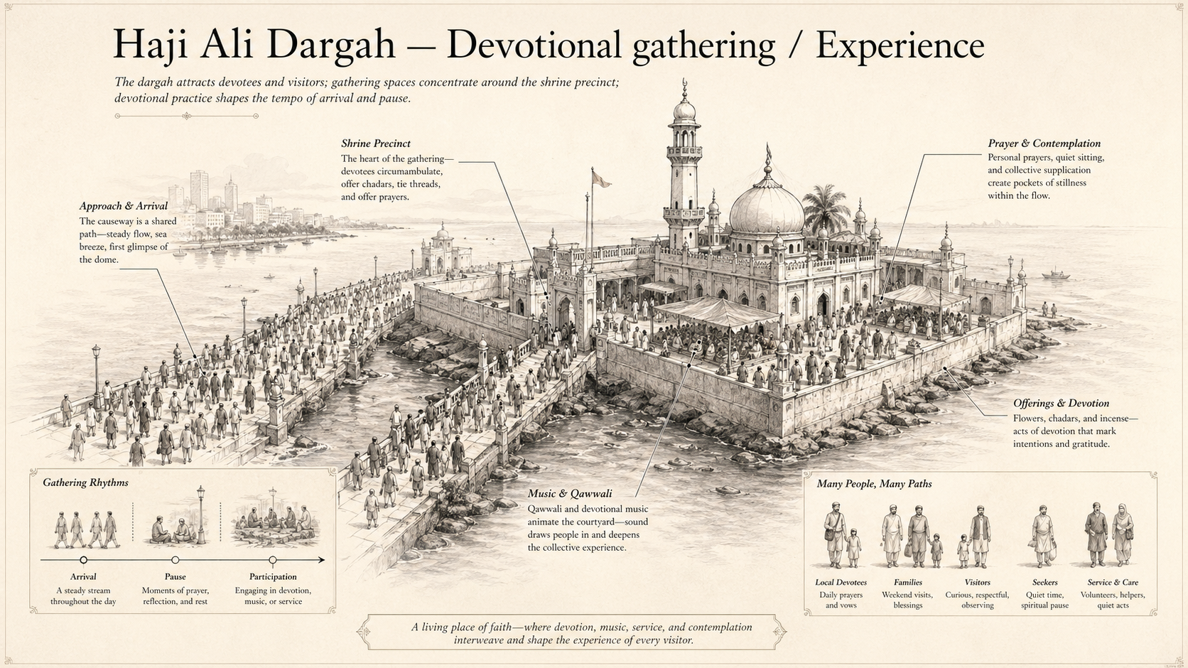 Haji Ali Dargah deep diagram plate: Devotional gathering / Experience.