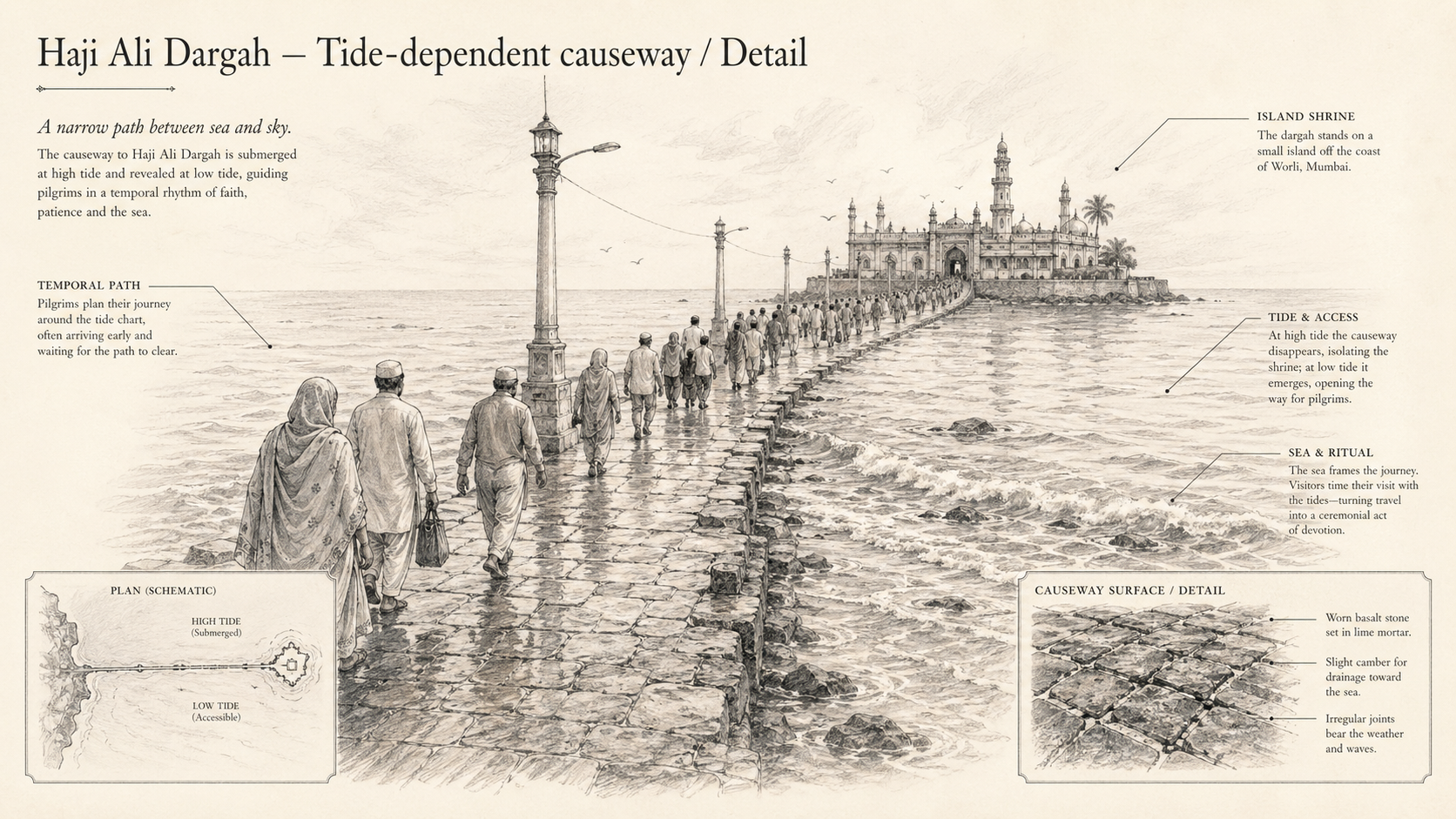 Haji Ali Dargah deep diagram plate: Tide-dependent causeway / Detail.