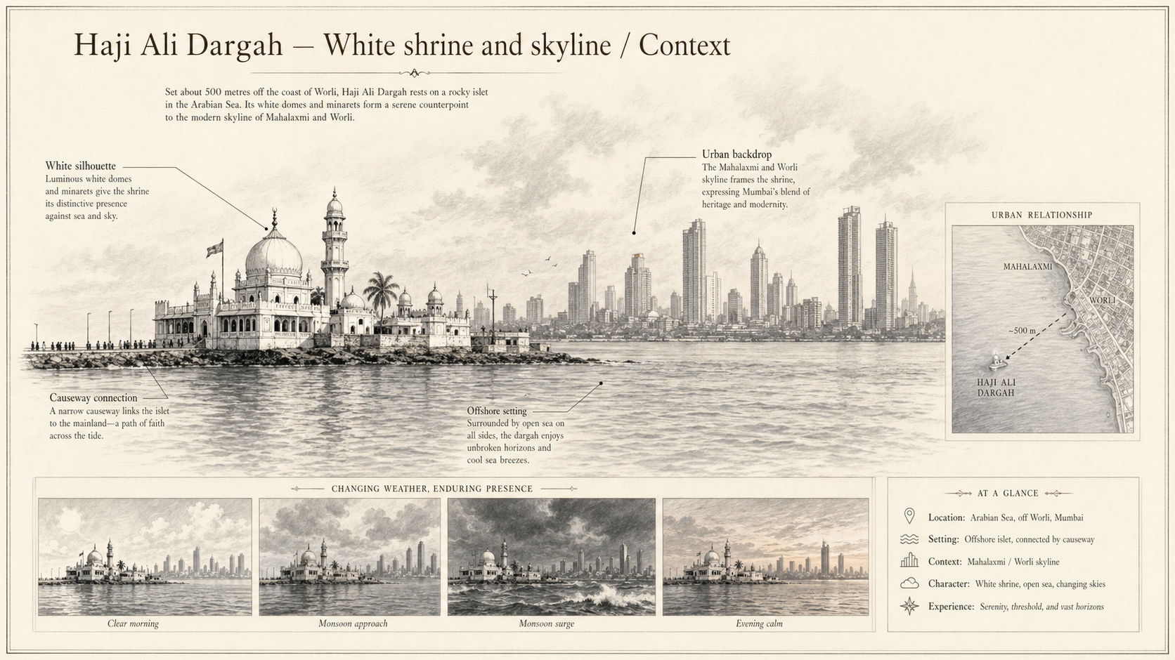 Haji Ali Dargah deep diagram plate: White shrine and skyline / Context.