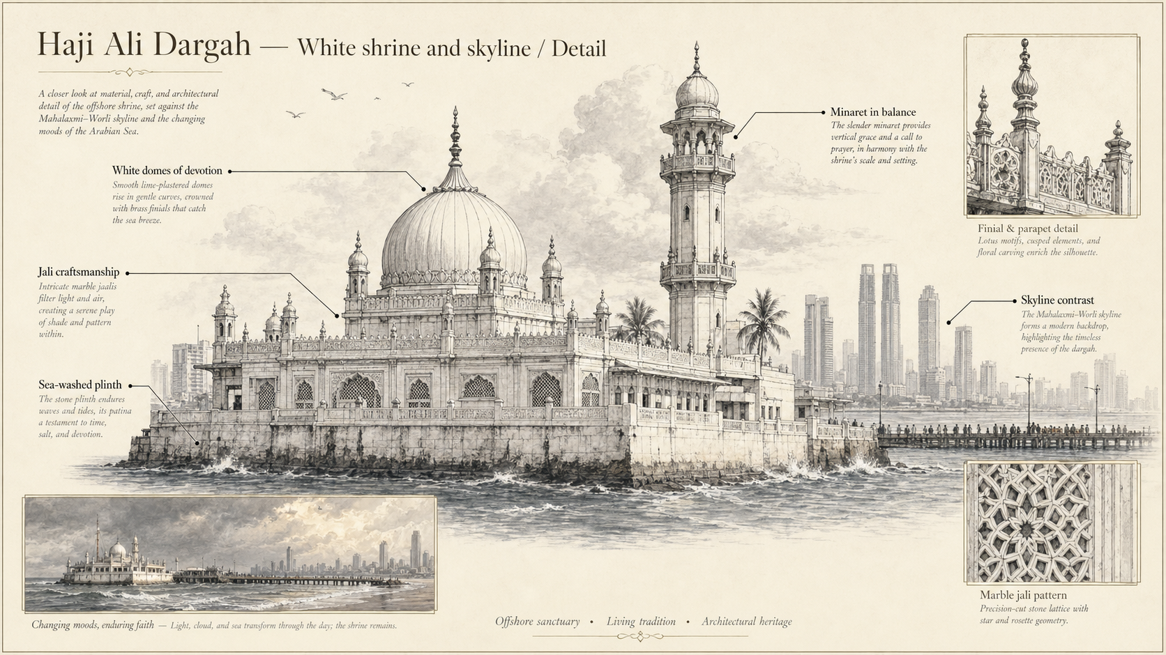 Haji Ali Dargah deep diagram plate: White shrine and skyline / Detail.