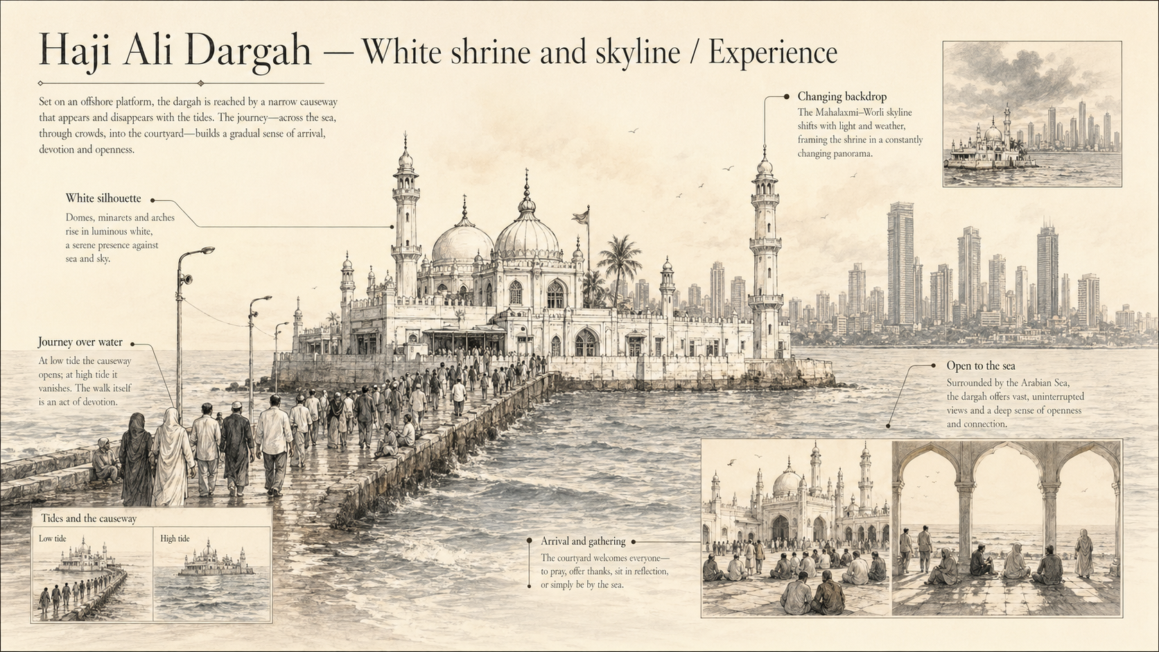 Haji Ali Dargah deep diagram plate: White shrine and skyline / Experience.