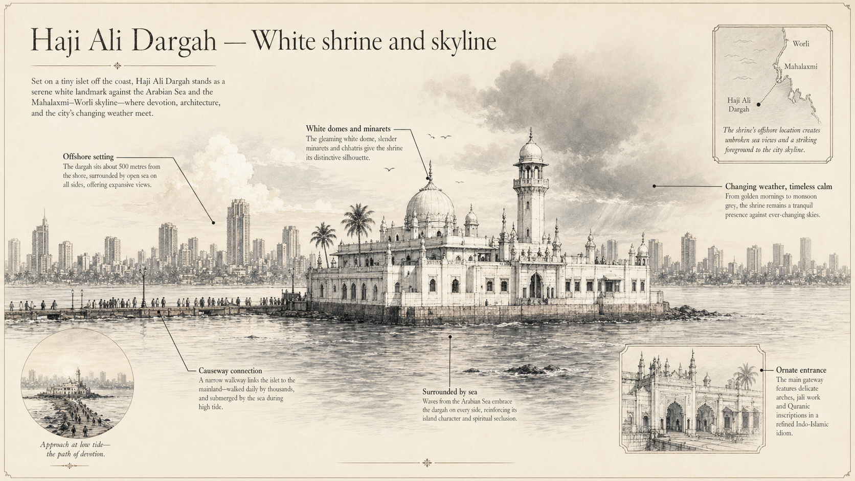 Haji Ali Dargah deep diagram plate: White shrine and skyline.