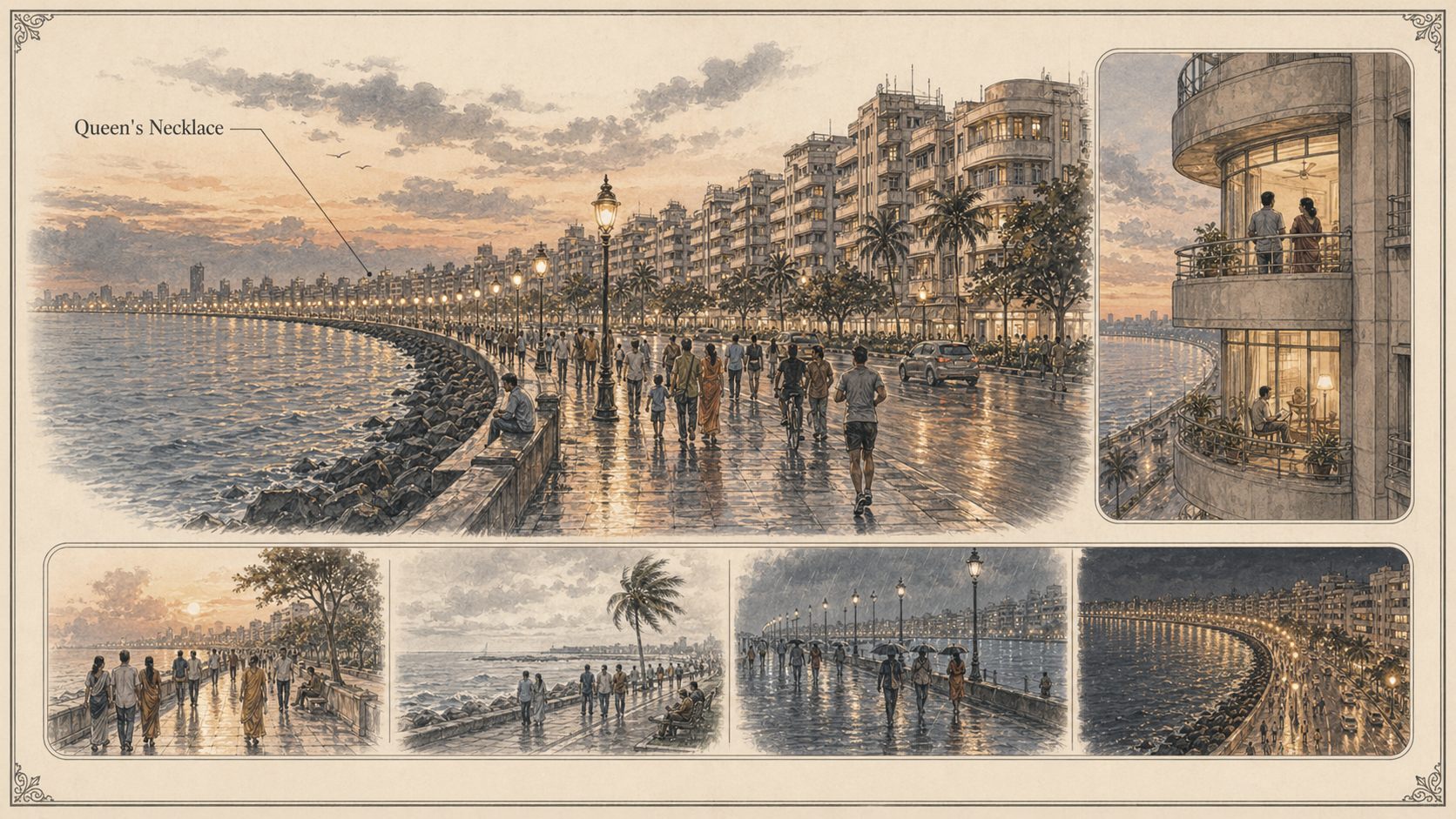 Annotated anecdotes diagram plate for Marine Drive Art Deco with labeled callouts, mini insets, and route hotspots.