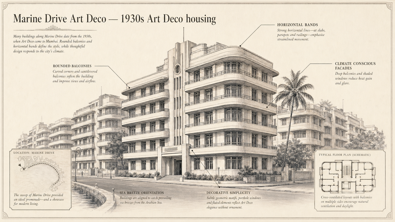 Marine Drive Art Deco deep diagram plate: 1930s Art Deco housing.