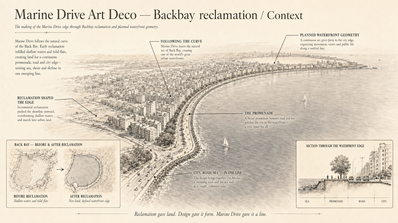 Marine Drive Art Deco deep diagram plate: Backbay reclamation / Context.