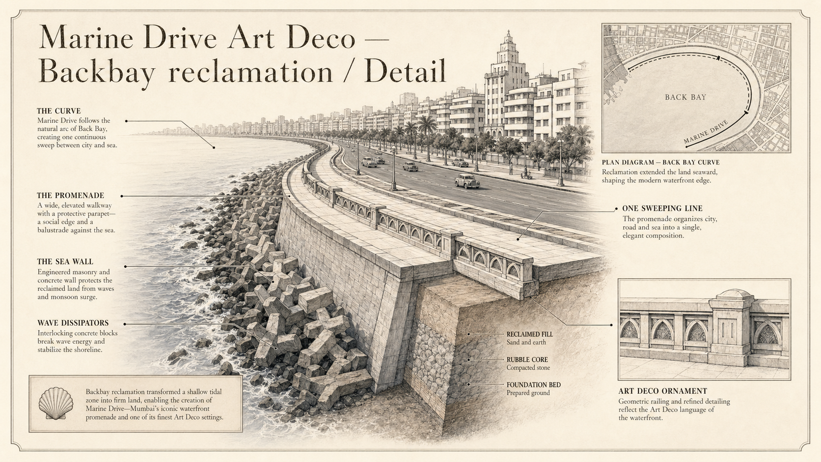 Marine Drive Art Deco deep diagram plate: Backbay reclamation / Detail.