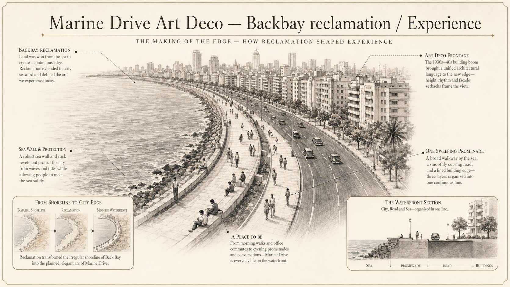 Marine Drive Art Deco deep diagram plate: Backbay reclamation / Experience.
